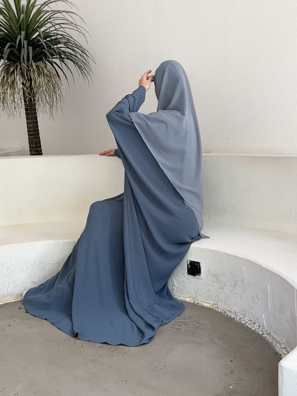 Sky Blue Flowy Abaya  With Hijab – Effortless Elegance in Modest Wear
