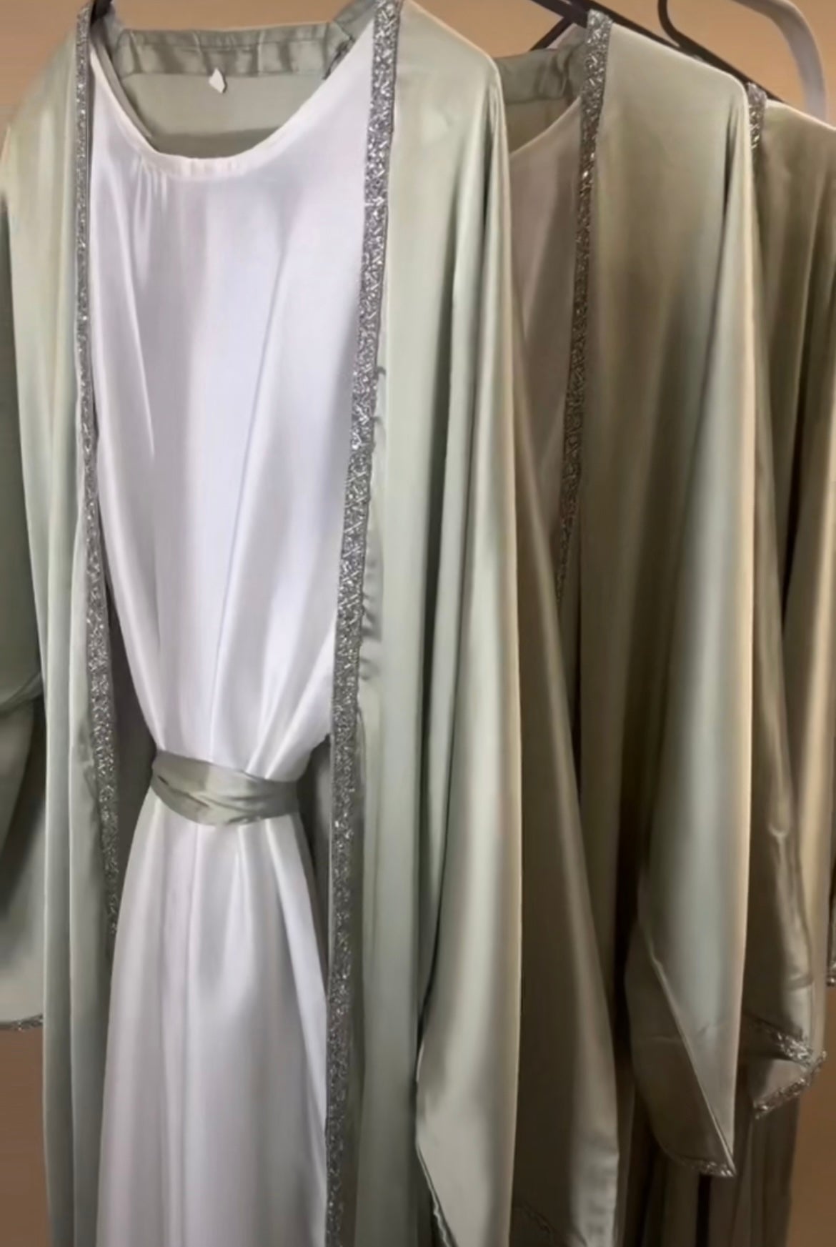 4 pc Open Silk satin Abaya with Dress kimono veil & belt