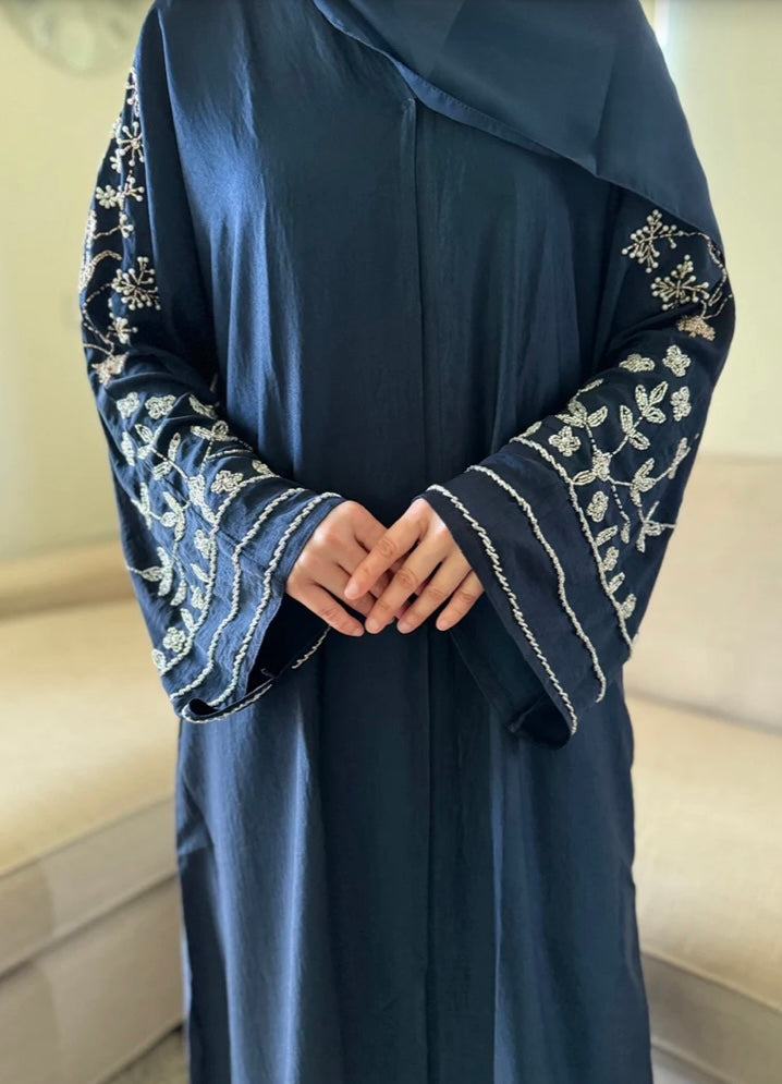 Elegant navy blue Abaya set with scarf