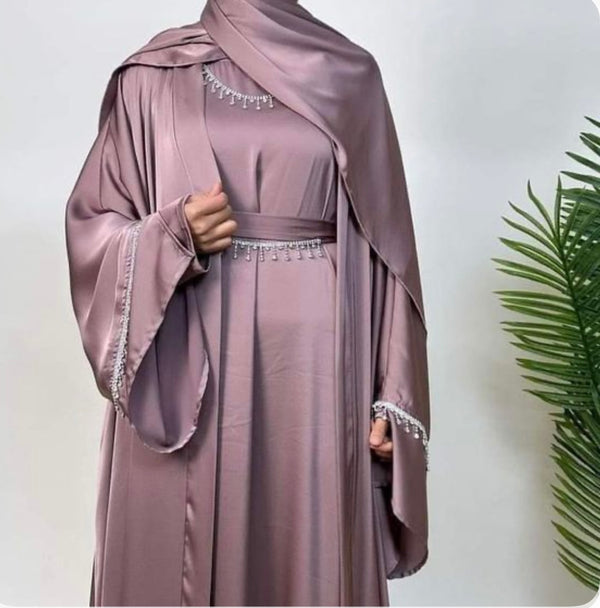 Elegant Embellished Silk Satin Abaya – Pink Diamond