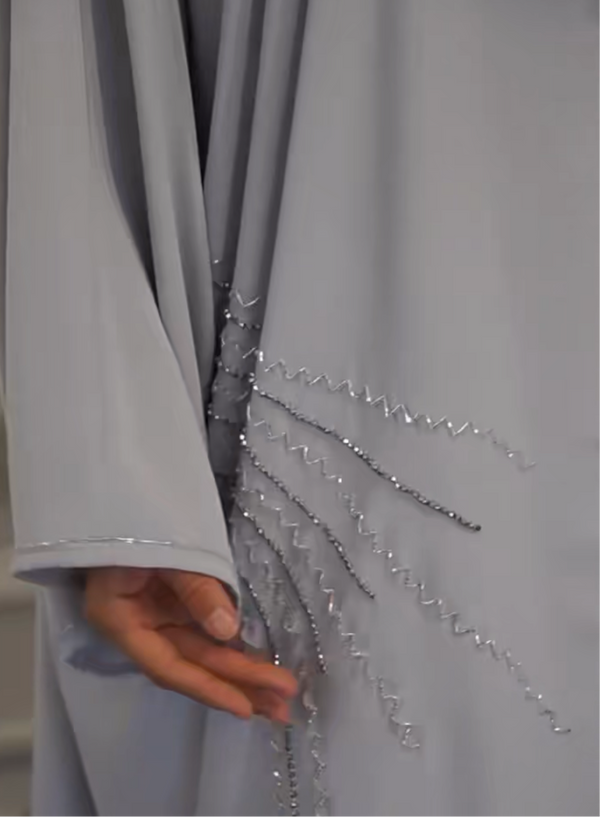 Elegant Grey Embellished Abaya with Matching Hijab– Crystal Detailing