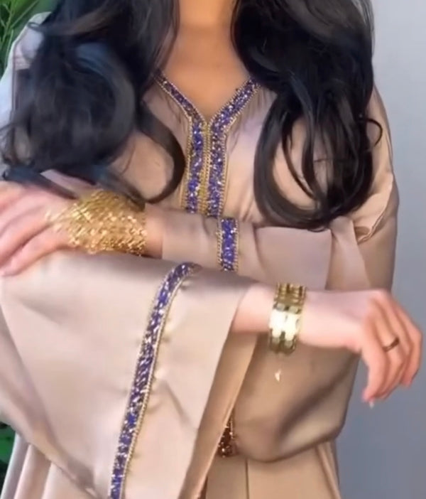 Luxury Champagne Beige Abaya with Royal Blue Embellished Trim - Abaya With Hijab – Luxe Modest Wear
