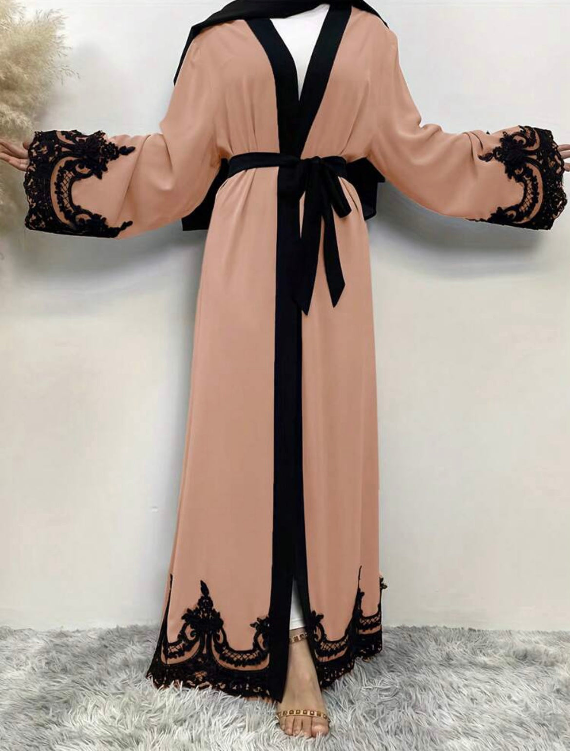 3 pc open front Abaya with belt and veil + Hijab Scarf Veil