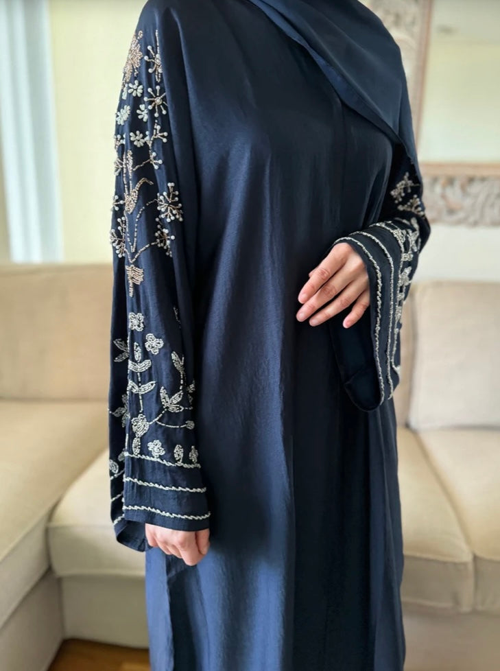 Elegant navy blue Abaya set with scarf