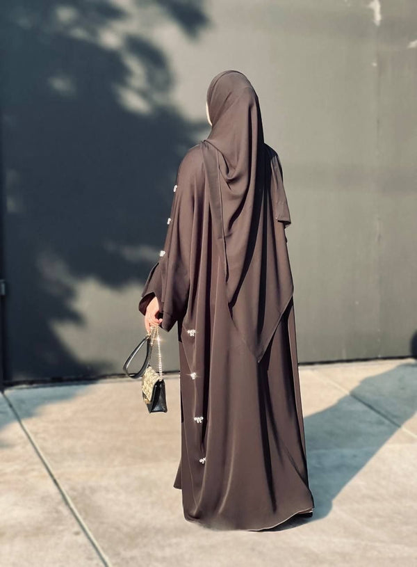 Brown Abaya – Luxe Shine, Modest Silhouette With Hijab -A seasonal staple in soft brown.