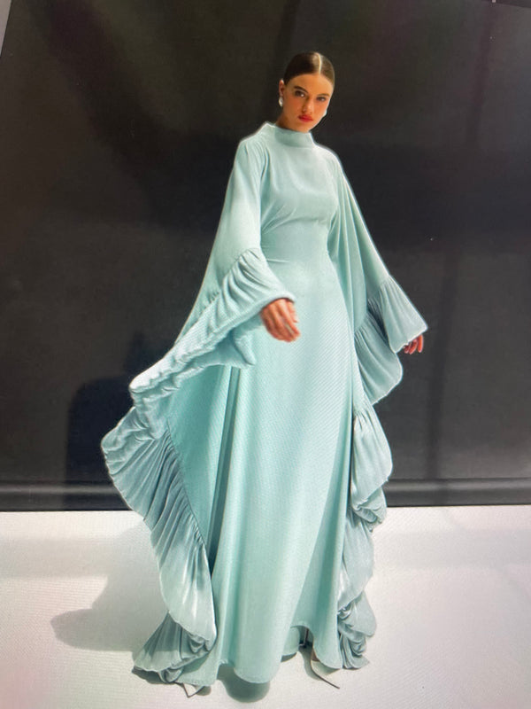 Light Blue Pleated Abaya – High Neck Flowing Design with Sculptural Sleeves