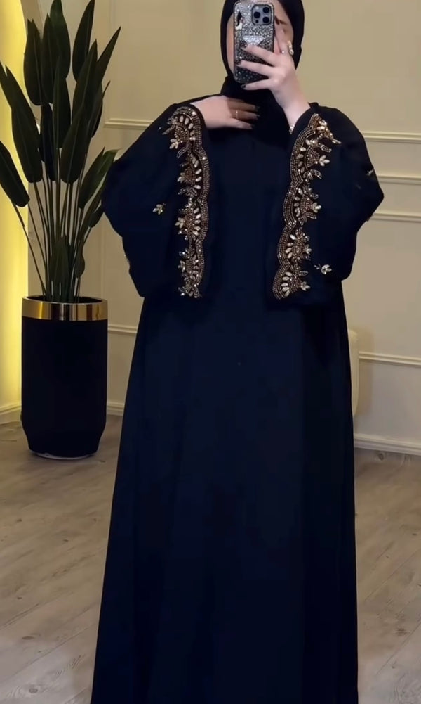 Elegant Embroidered  Black & Gold Abaya With Hijab & Zip-| Luxury Modest Fashion for Women -Luxurious Detailing