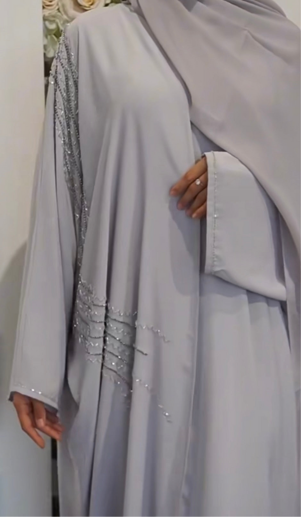 Elegant Grey Embellished Abaya with Matching Hijab– Crystal Detailing