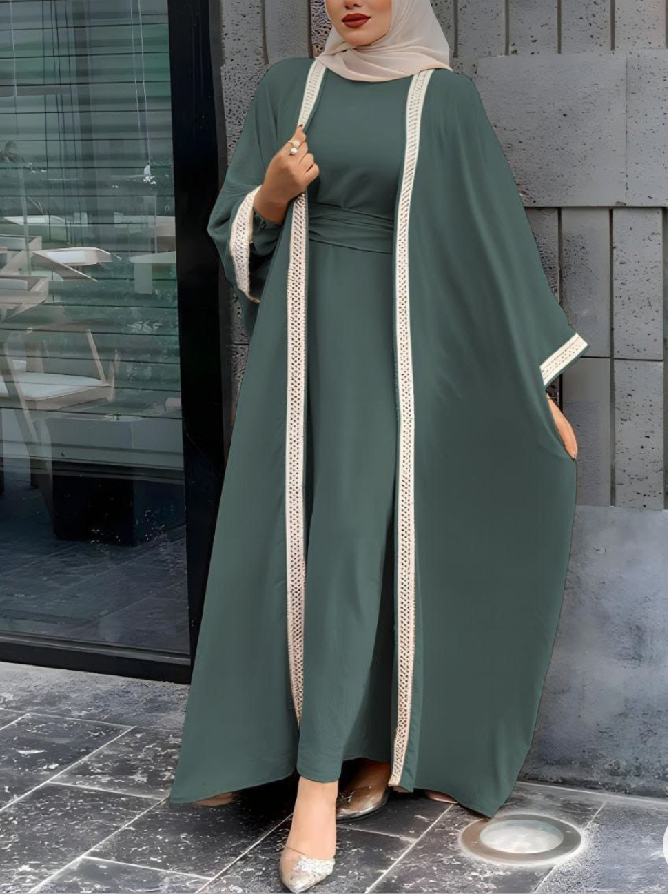 3 pc Open front Abaya with veil