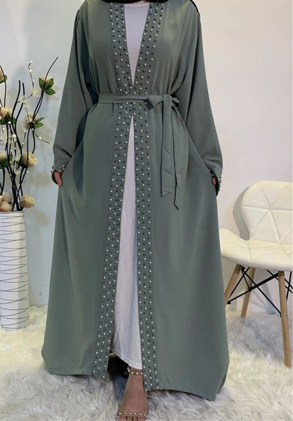 3 pc open front Abaya + Hijab Scarf Veil