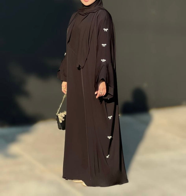 Brown Abaya – Luxe Shine, Modest Silhouette With Hijab -A seasonal staple in soft brown.