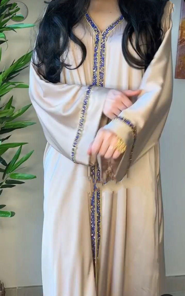 Luxury Champagne Beige Abaya with Royal Blue Embellished Trim - Abaya With Hijab – Luxe Modest Wear
