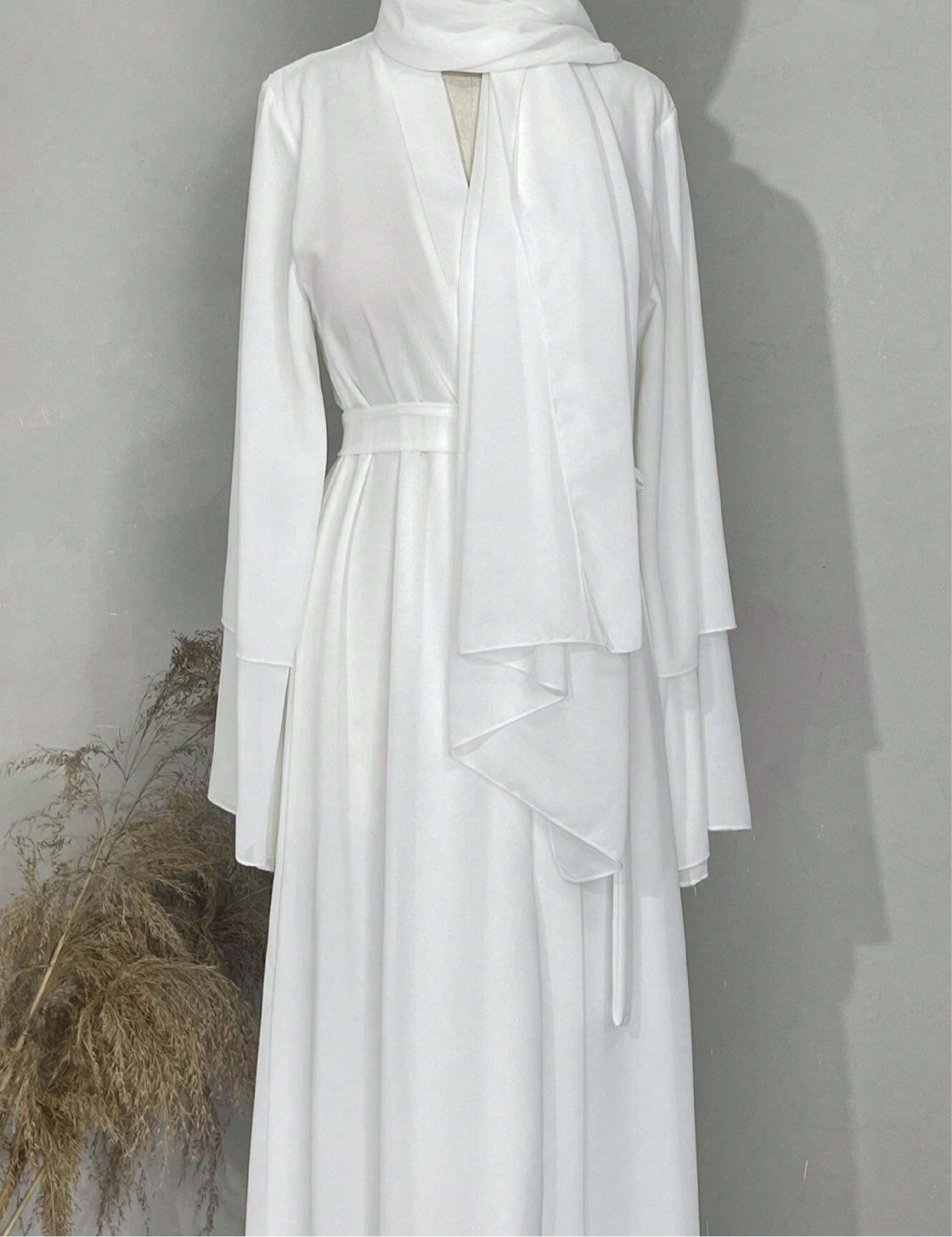 3pc white Abaya with belt and veil